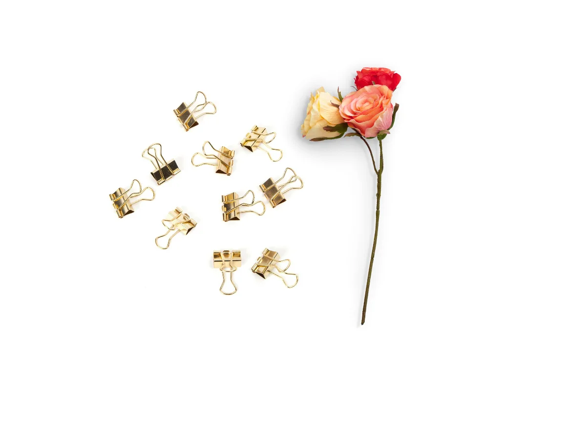 Minimalist arrangement of roses and gold binder clips on white background.