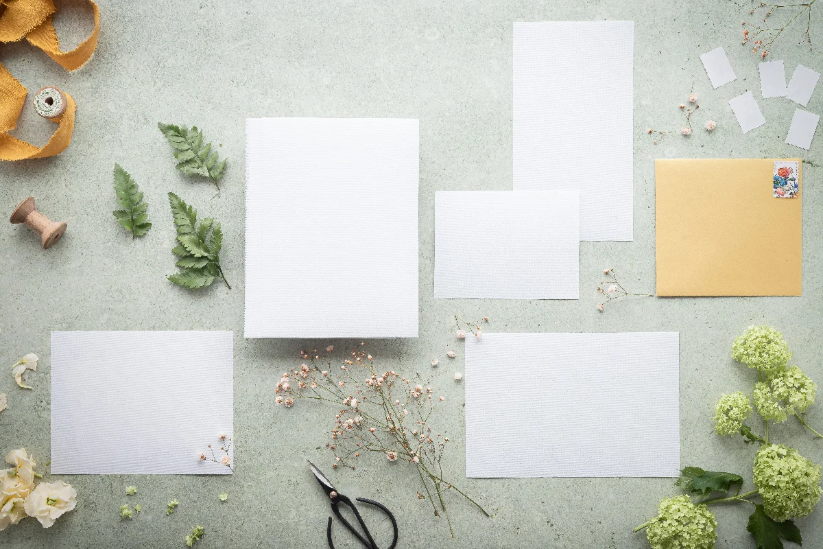 Minimalist flat lay of blank paper sheets with florals and leaves on green textured background.