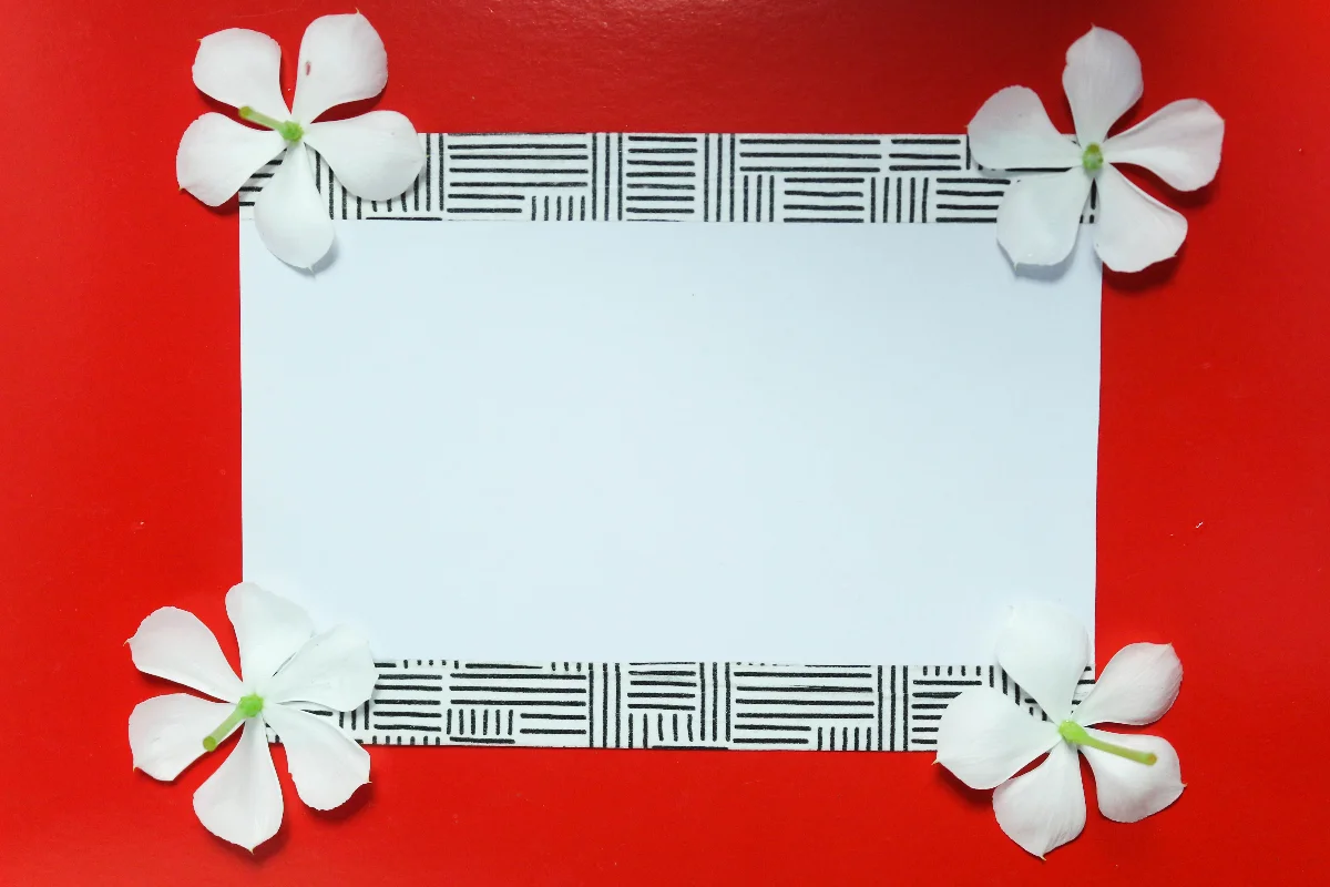 Minimalist composition with white flowers on a red background framing blank paper for copy space.